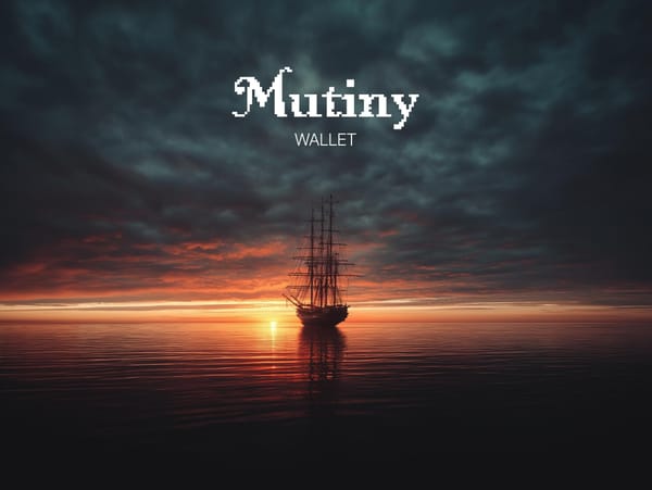 A ship sailing into a sunset with the text "Mutiny Wallet" in the clouds.